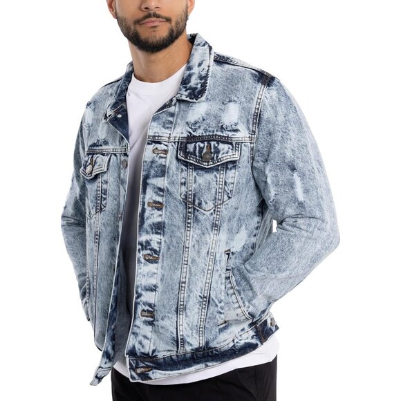 Mens  Acid Blue Denim Jacket Washed Ripped Distressed Stretch Casual Trucker - Picture 5 of 9